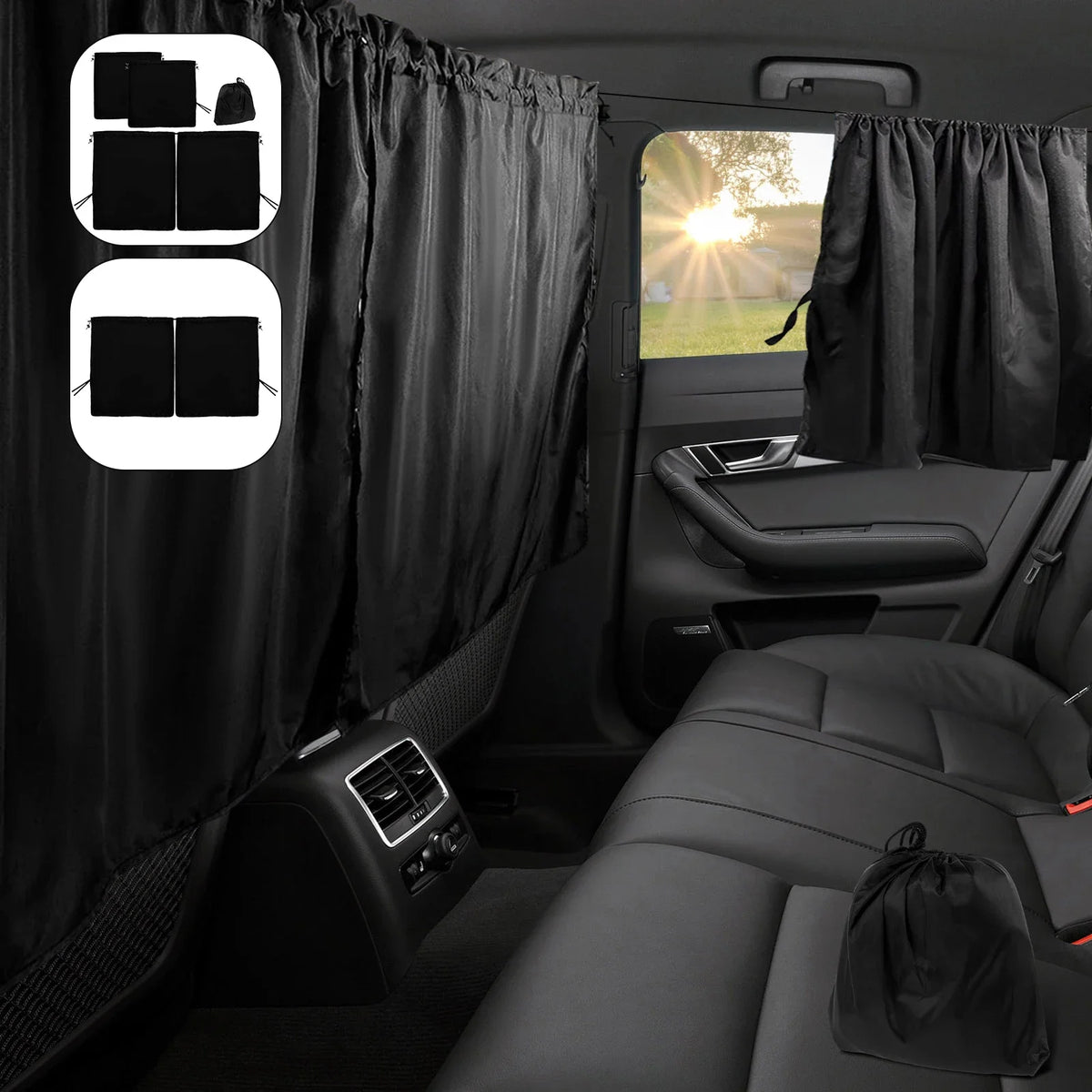 Cortinas universales negras para ventanas de privacidad del coche, cubriendo el interior de un vehículo.