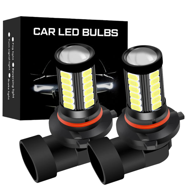 A black box labeled CAR LED BULBS is shown next to two bright yellow high-intensity LED fog light bulbs.