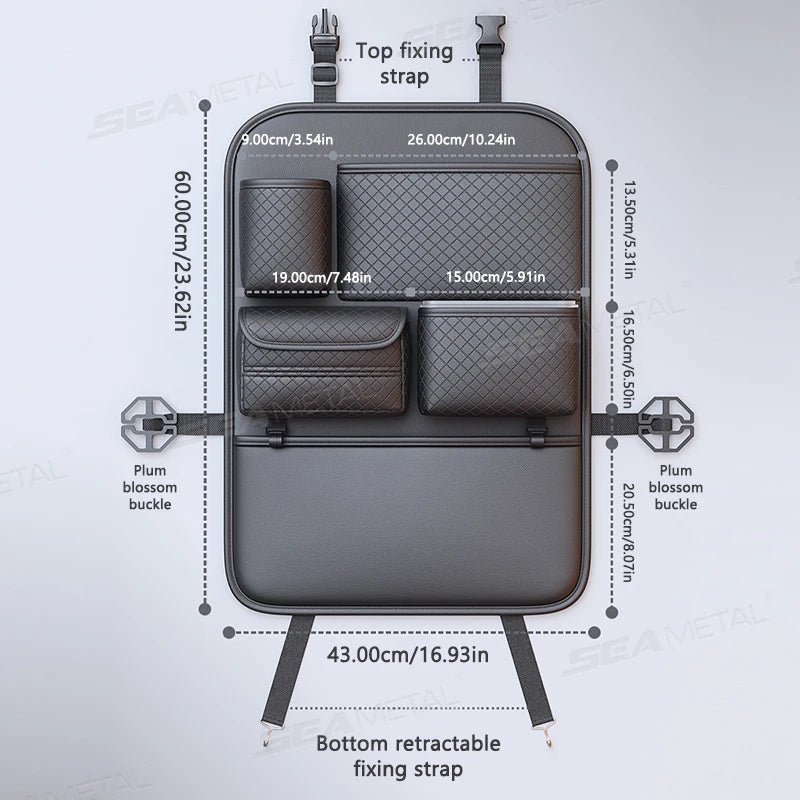A dark gray luxury car seat back organizer bag with multiple compartments and fixing straps.