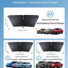 Three size options for a foldable car windshield sun shade with a bendable handle, designed to fit most sedans, SUVs, and pic