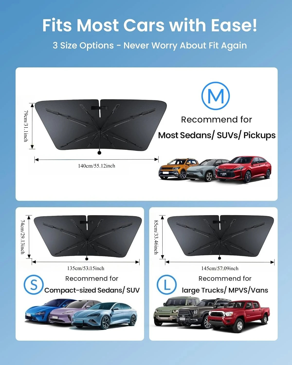 Three size options for a foldable car windshield sun shade with a bendable handle, designed to fit most sedans, SUVs, and pic