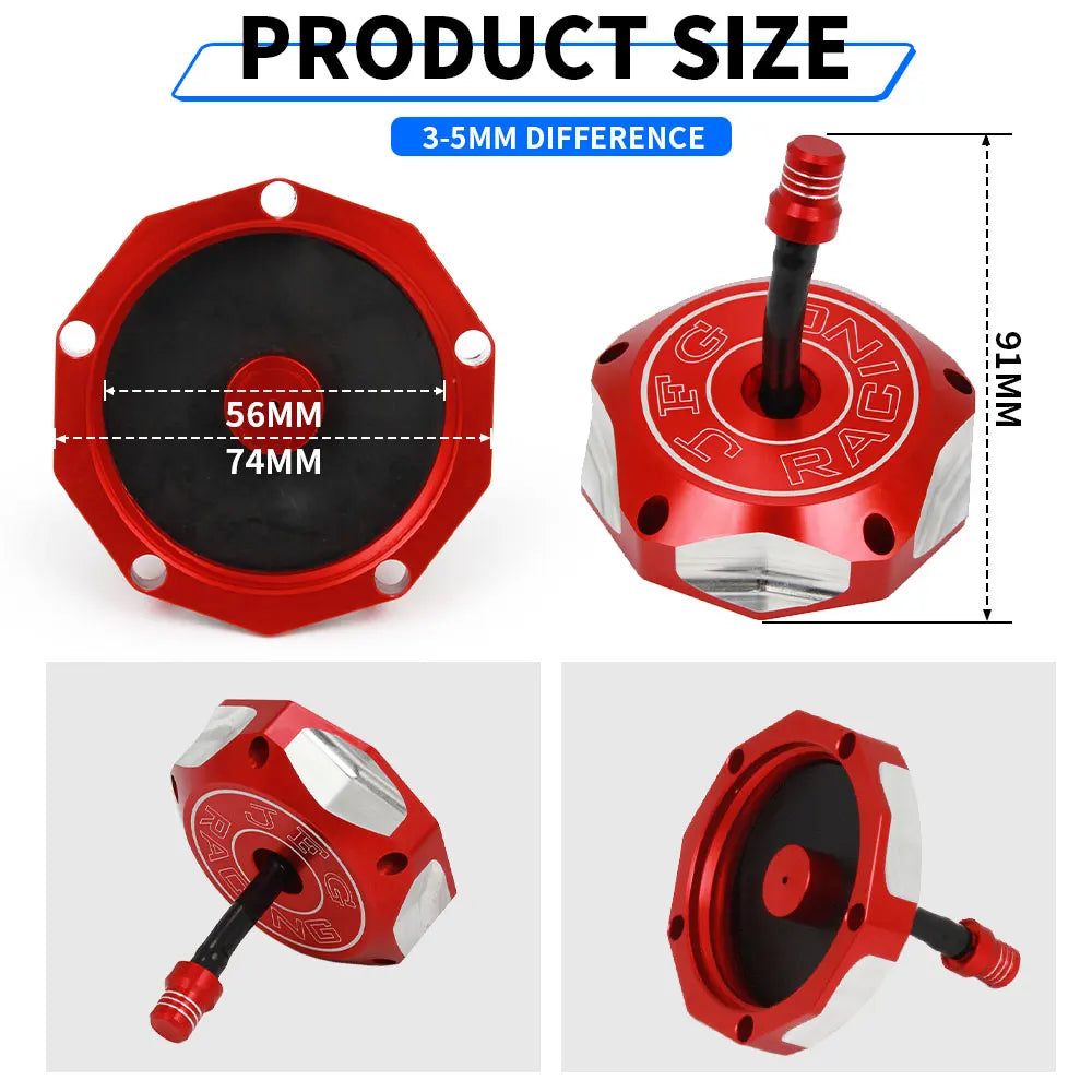 Red CNC aluminum fuel tank cap with a black threaded fitting and various sizes shown.