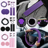 A purple car interior accessory set featuring a steering wheel cover and comfort pads shown in a vehicle interior.