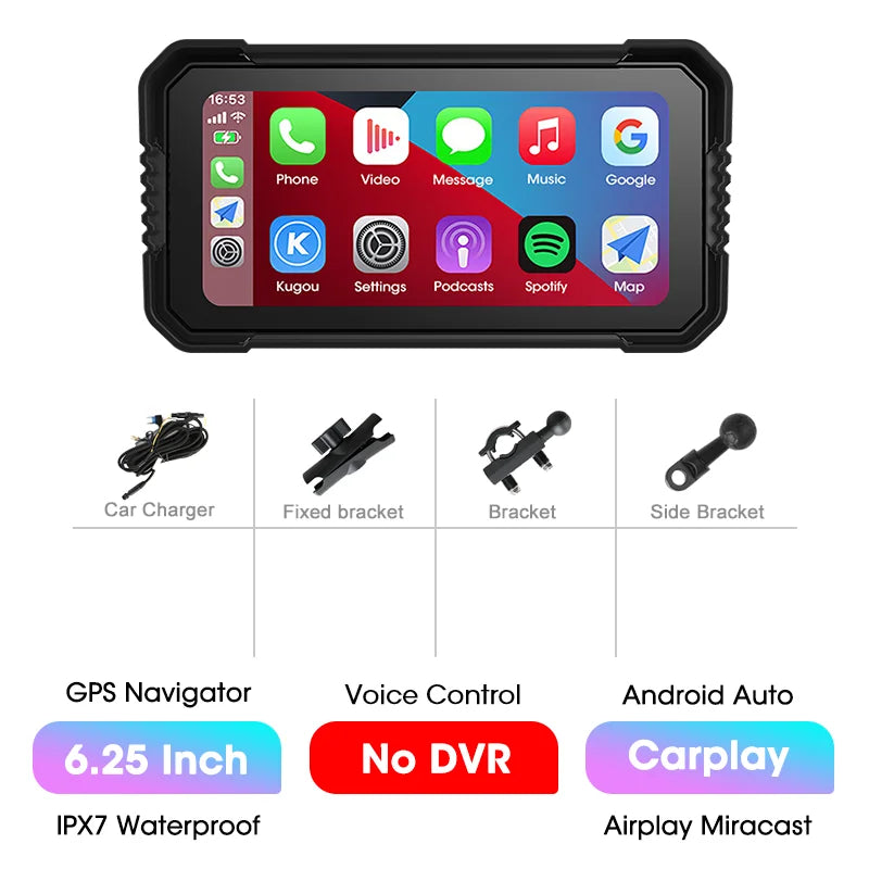 Écran de navigation GPS DVR pour moto, compatible Android Auto et CarPlay, avec interface tactile.