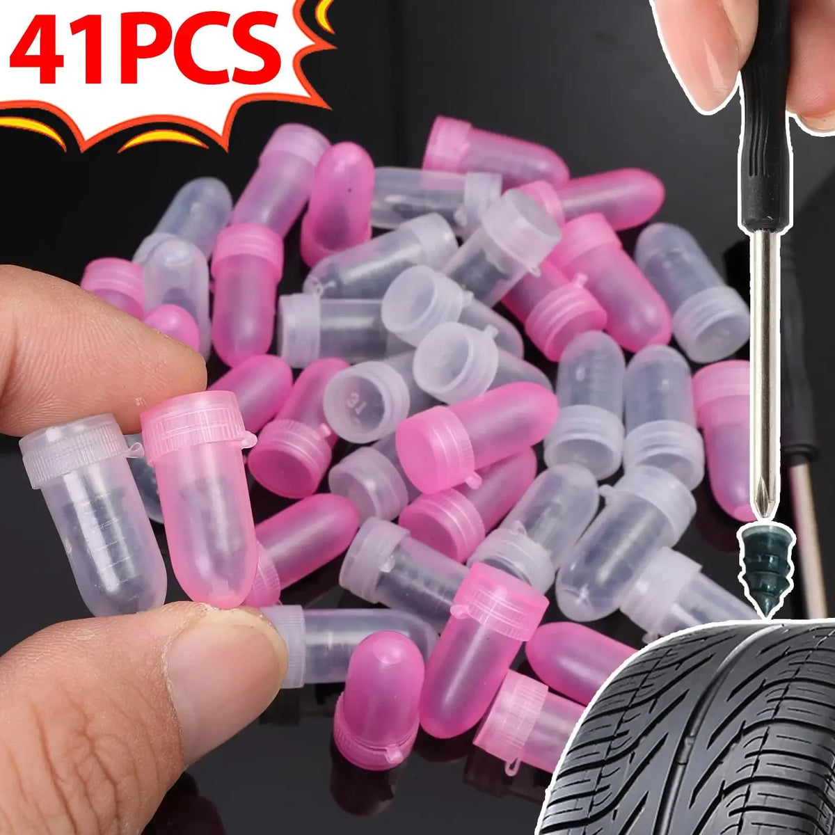 A hand holds numerous pink and clear rubber plugs for a compact tire repair kit.