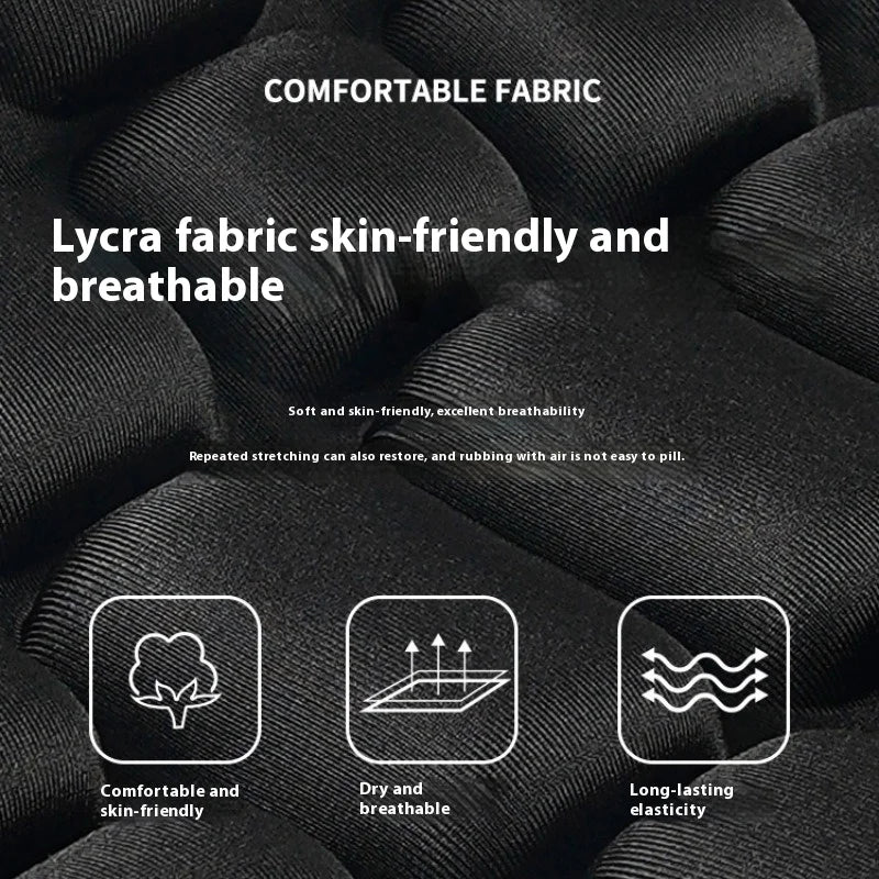 Black Lycra fabric seat pad for a motorcycle, emphasizing comfort, breathability, and elasticity.