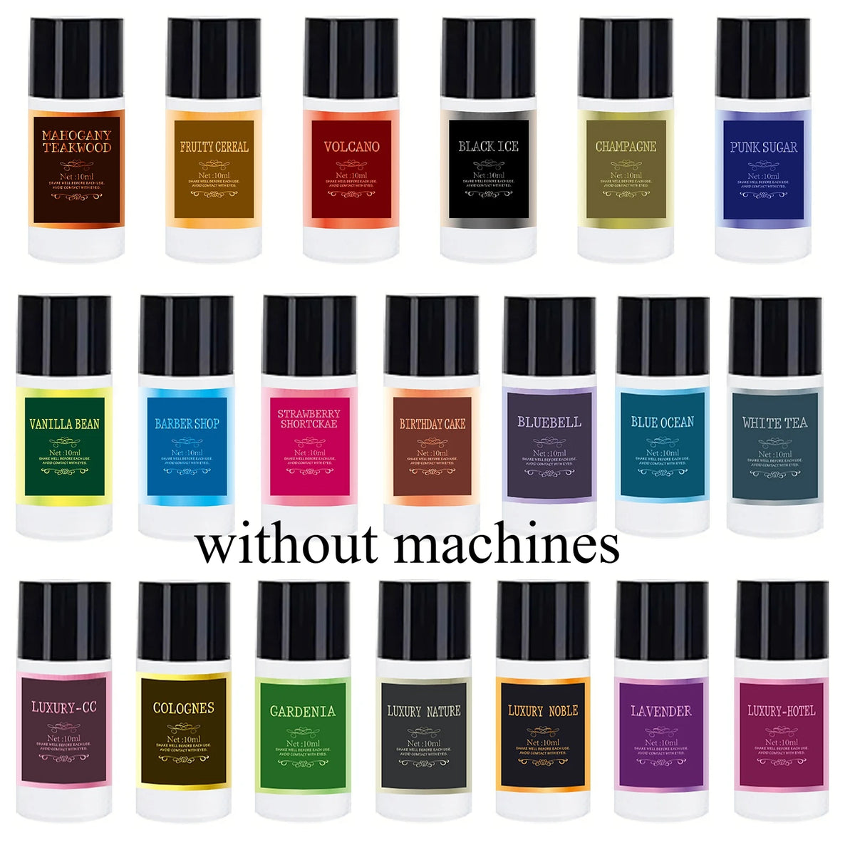 A collection of various black and colored glass bottles of liquid air freshener products.