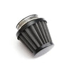 Filtre à air universel noir pour moto avec grille argentée et boîtier nervuré.