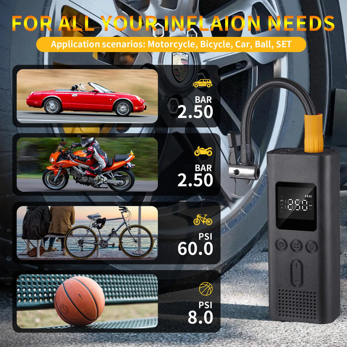 Portabler digitaler Reifenpumpe neben Auto, Motorrad, Ball und Inflationszubehör