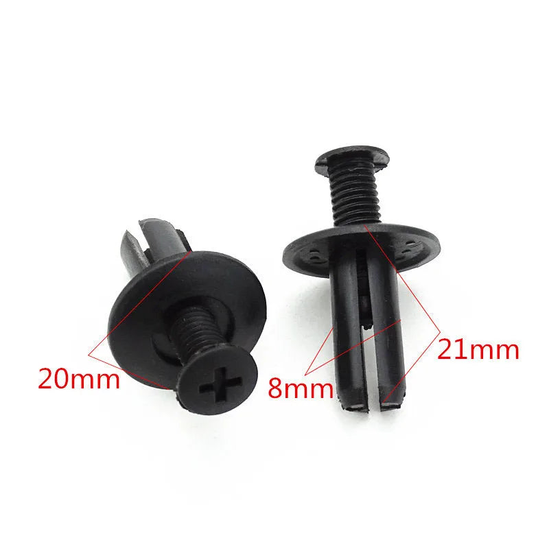 Black plastic fasteners with various sizes and thread pitches for vehicle trim.