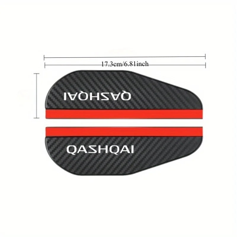 Carbon fiber rain guards for Nissan Qashqai side mirrors shown with dimensions.