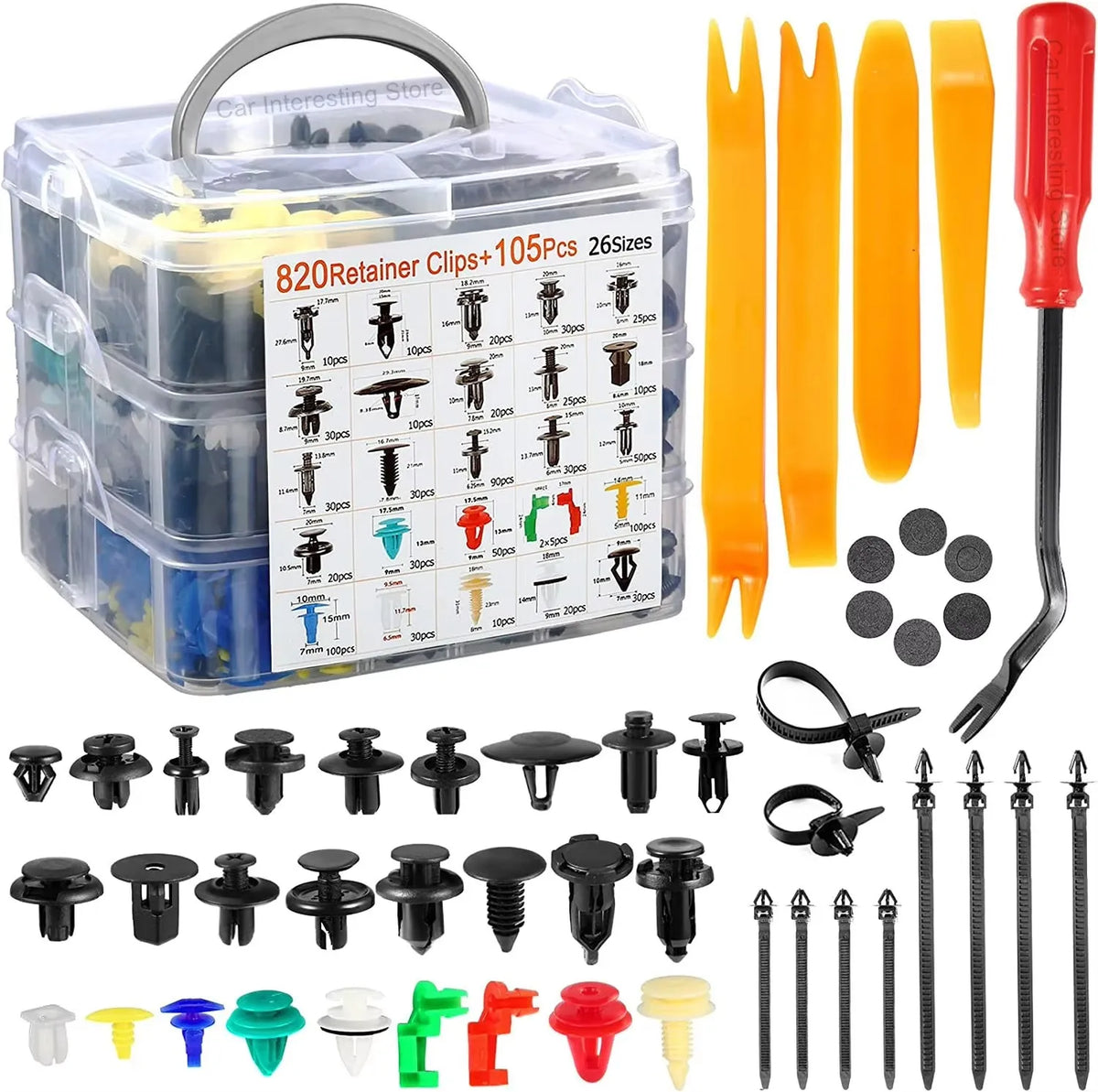 Kit de plástico con diversos tamaños de sujetadores, incluyendo clips y remaches en varios colores como negro, amarillo y ver