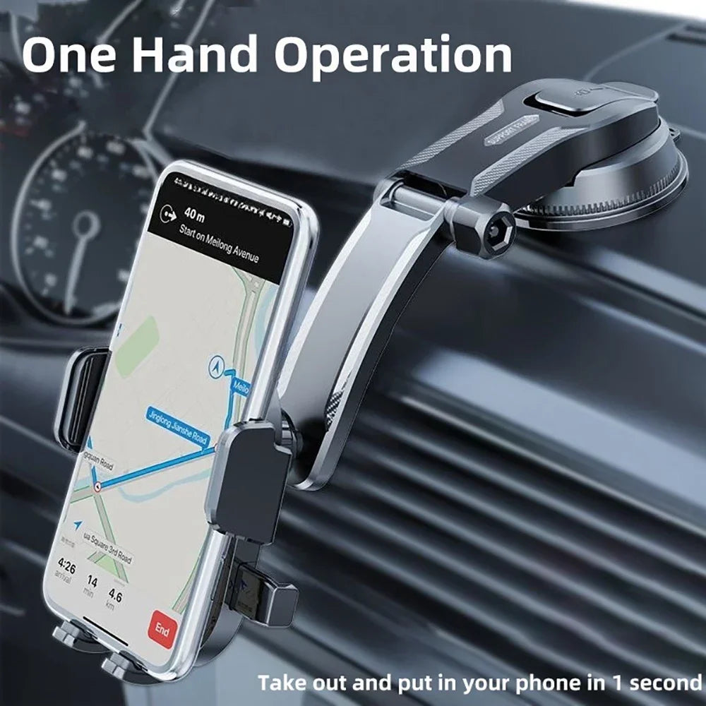 A hand operation car phone mount with an extension rod is shown being used to place a smartphone onto a map.