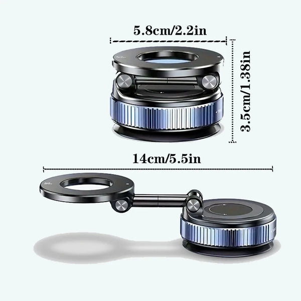 A black foldable magnetic car phone holder with a rotating lens mechanism shown in detail and in use.