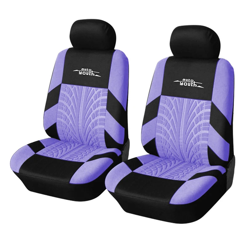 A pair of purple and black car seat covers with auto youth branding shown side by side.