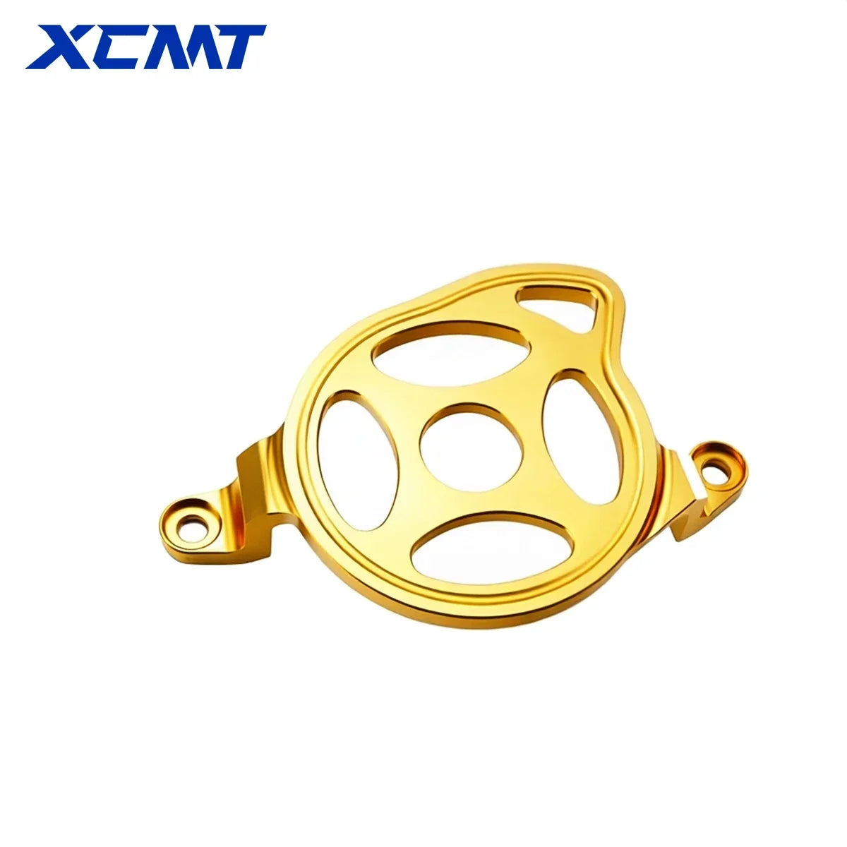 A brass or gold-colored aluminum engine guard for off-road motorcycles.