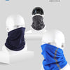 A display showing three models wearing different colored fleece neck warmers or scarves for winter protection.