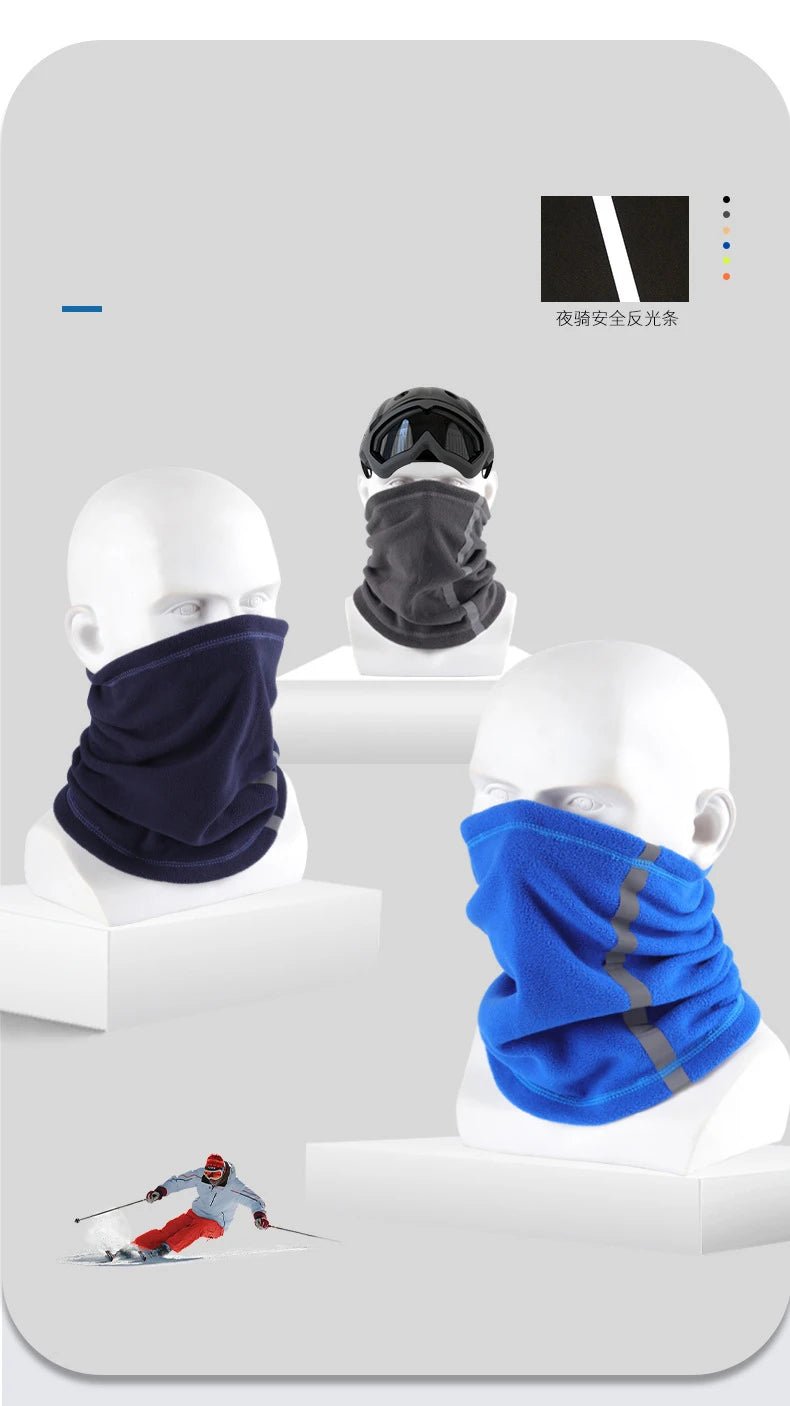 A display showing three models wearing different colored fleece neck warmers or scarves for winter protection.