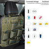 A universal camo seat back organizer with eight separate pockets for convenient storage in a car.