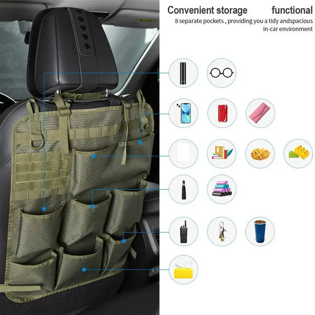 A universal camo seat back organizer with eight separate pockets for convenient storage in a car.