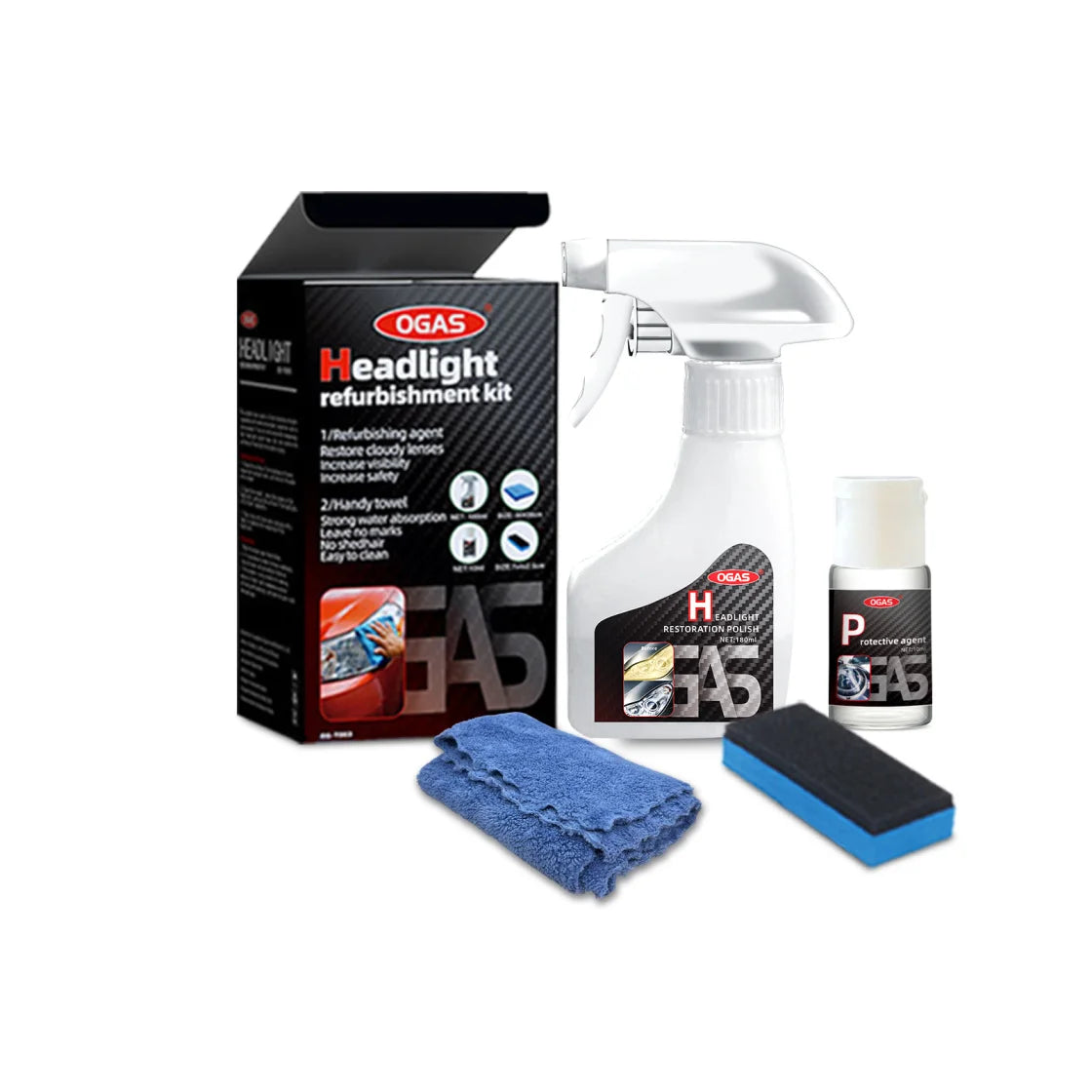 A box and bottle containing a headlight refurbishment kit with an applicator and cleaning cloth.