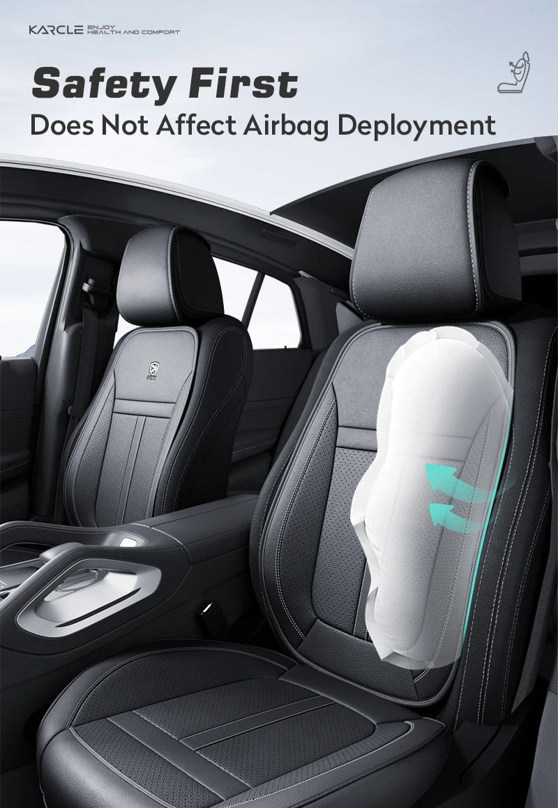A close-up view of a black car seat with white protective padding, emphasizing safety features.