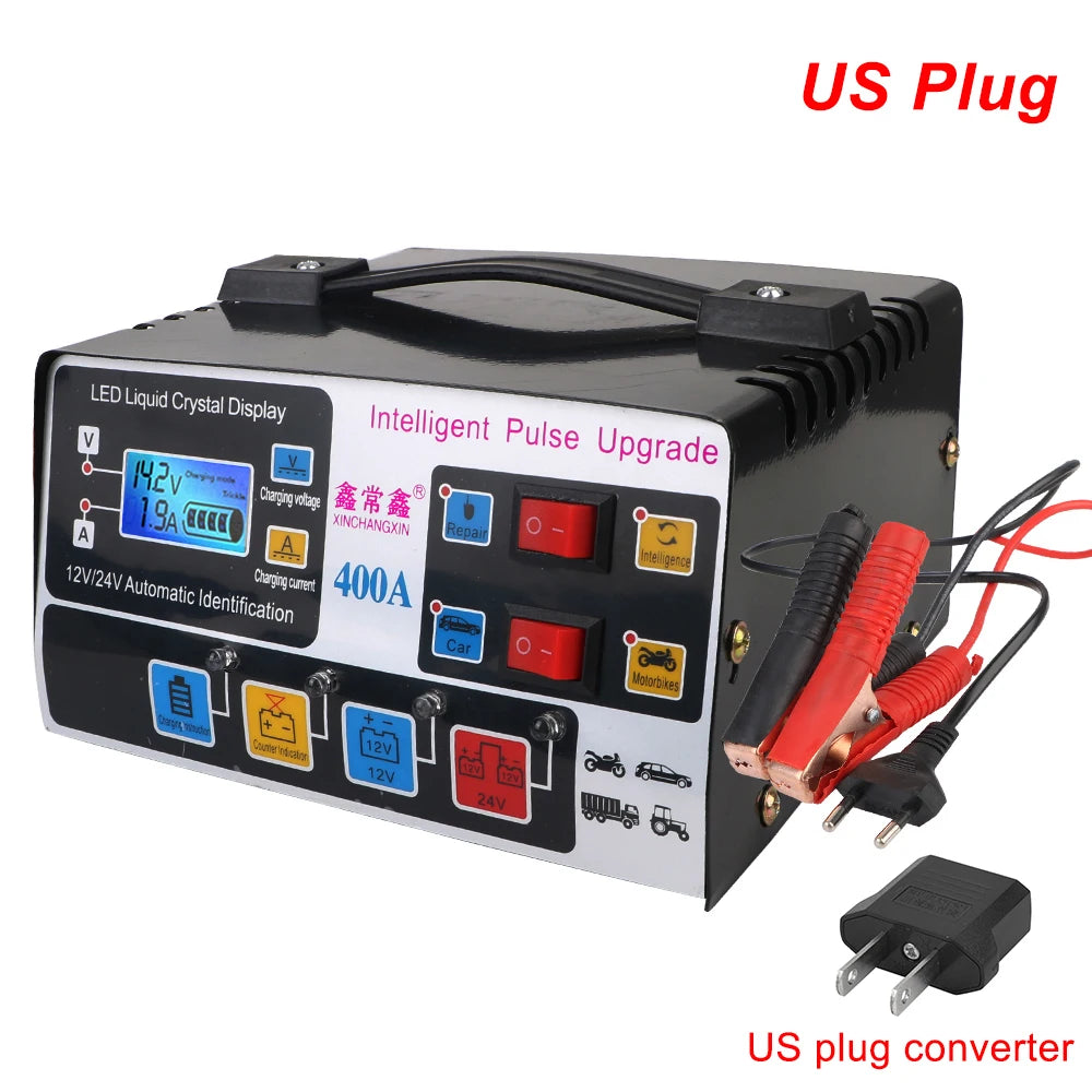 Black LED Liquid Crystal Display pulse battery charger with US plug converter