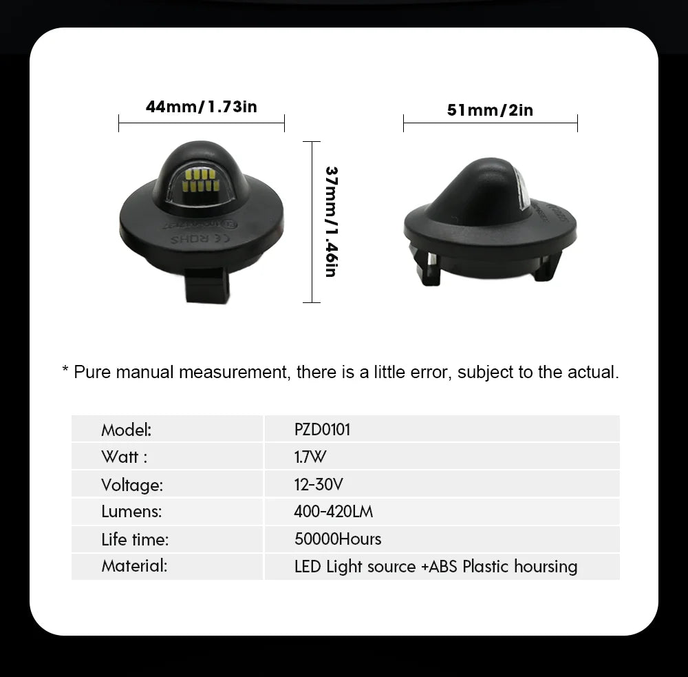 A black automotive LED license plate light fixture shown in two views with dimensions.