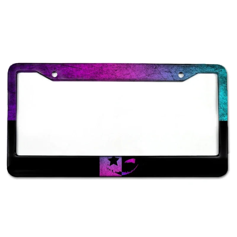 A rectangular aluminum license plate frame with a gradient purple and teal finish and a black background.