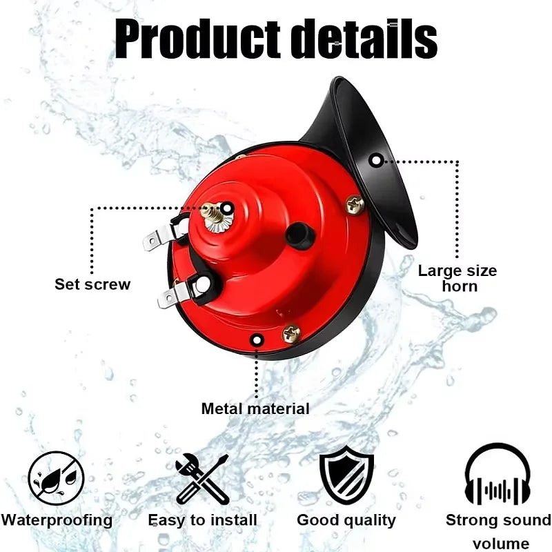 Red metal snail horn product details showing features like waterproofing and good quality