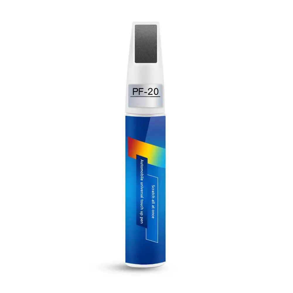 A vertical view of a blue and white touch-up paint pen with a black cap and brush tip labeled PF-20
