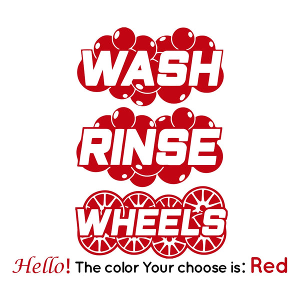 Red vinyl decal stickers for car detailing buckets with WASH, RINSE, and WHEELS logos