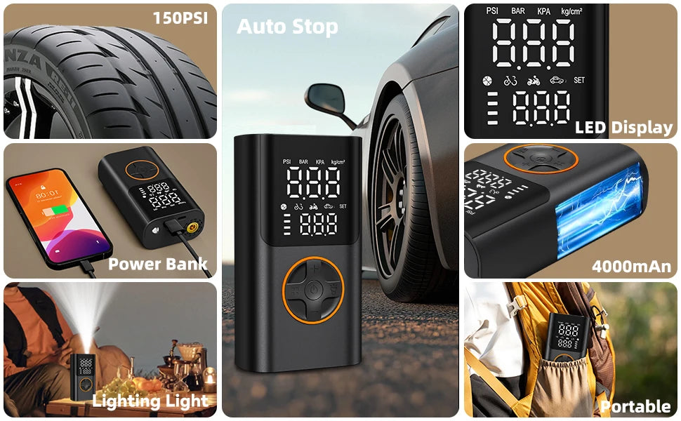 Portable electric air pump kit with power bank showing various features like PSI display, LED light, and portable use.
