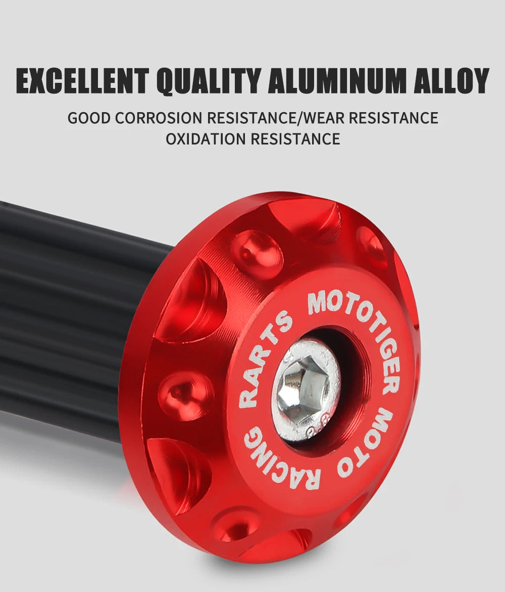 A close-up view of a red aluminum alloy motorcycle handle bar plug grip with a central bolt.
