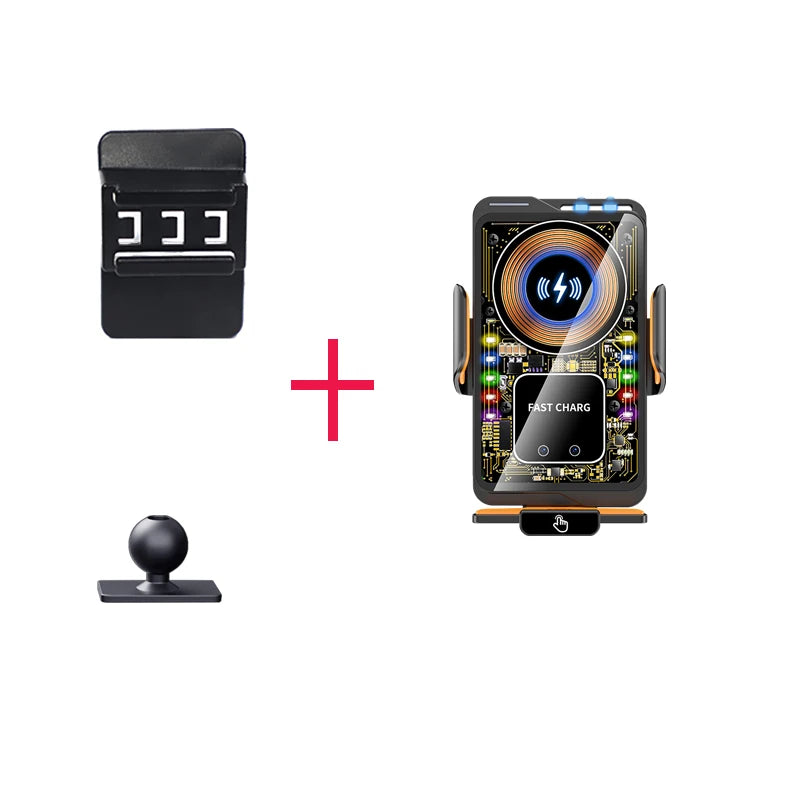 A magnetic wireless charging phone mount for a smartphone, shown with its charging cable and magnetic base.
