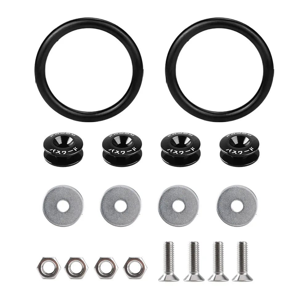 Set of black billet aluminum quick release fasteners for bumpers and panels, including rings and bolts.