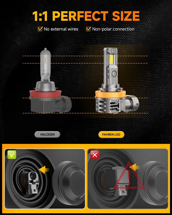 A set of 1:1 perfect size LED automotive bulbs for halogen replacement, showing the connection and fit.