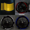 A set of reflective motorcycle wheel decals and stickers shown in various forms, including a yellow stripe pattern and black 