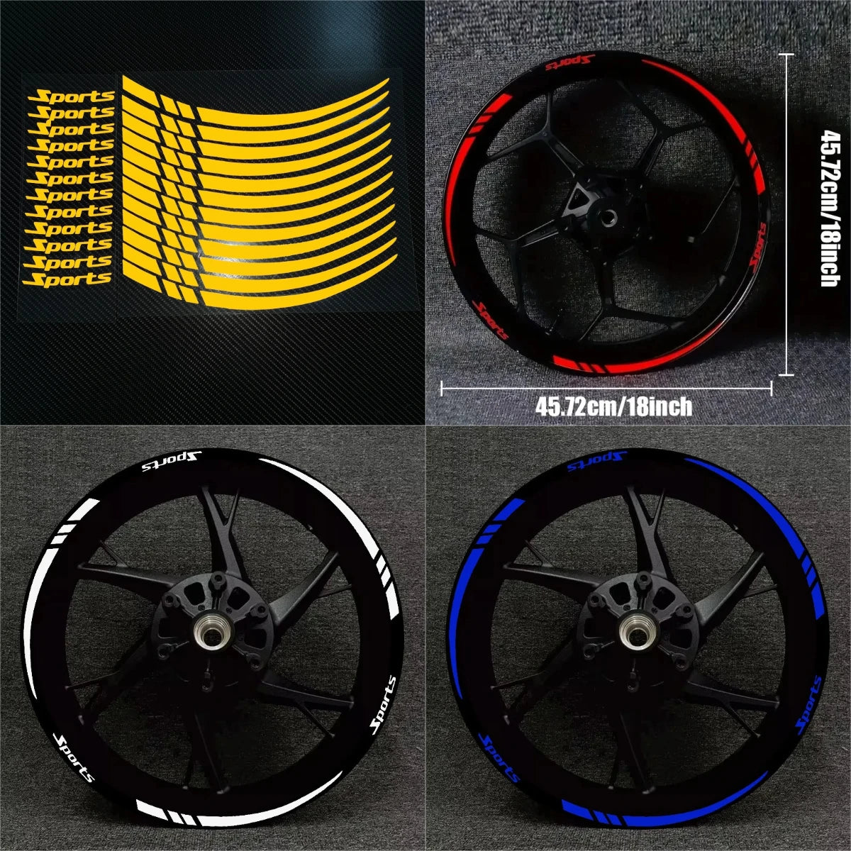 A set of reflective motorcycle wheel decals and stickers shown in various forms, including a yellow stripe pattern and black 