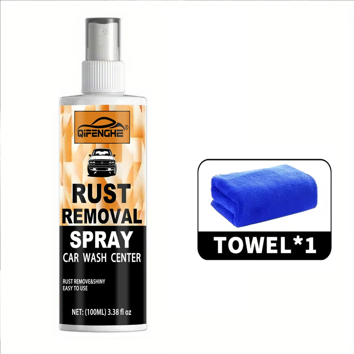 A bottle of rust removal spray for car wash center detailing with a blue towel included.