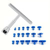 A set of professional car dent puller tools including a long metal rod and several small blue pulling attachments.