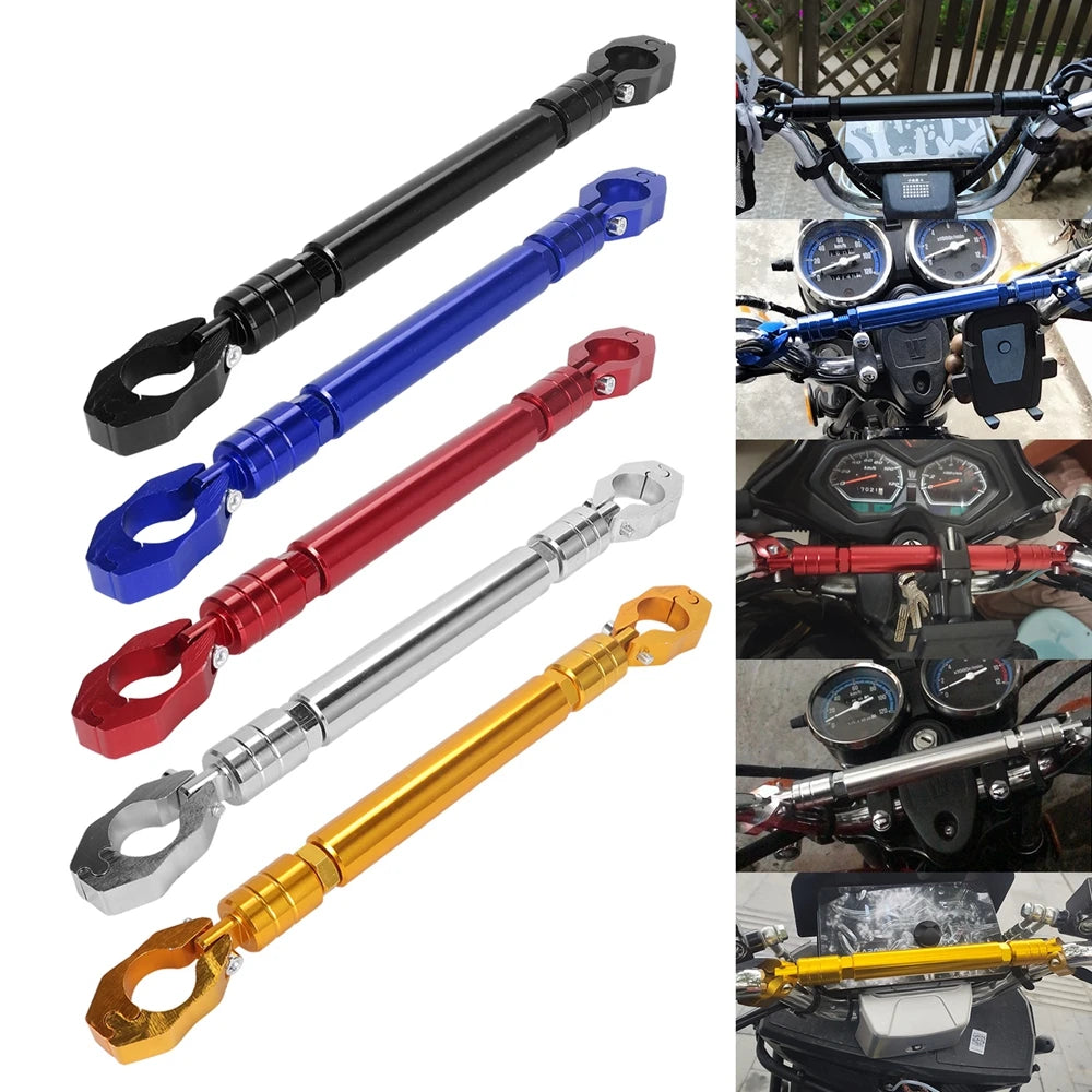 A collection of adjustable motorcycle handlebar grip crossbars in various colors including black, blue, red, silver, and gold