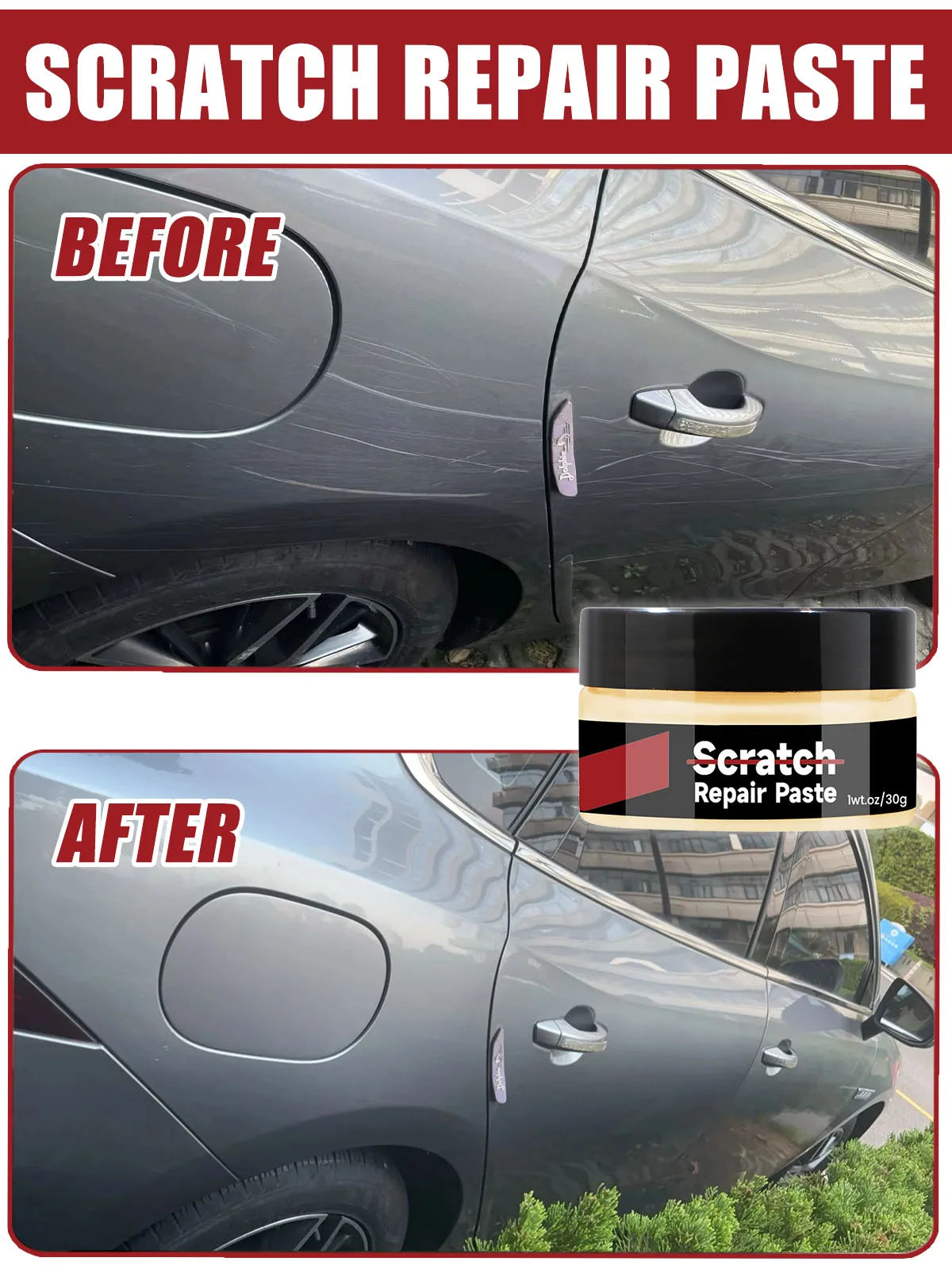 Before and after comparison of a car scratch repair paste applied to a dark vehicle's paint.