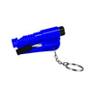 Blue emergency car escape tool with a window breaker and seatbelt cutter attached to a chain.