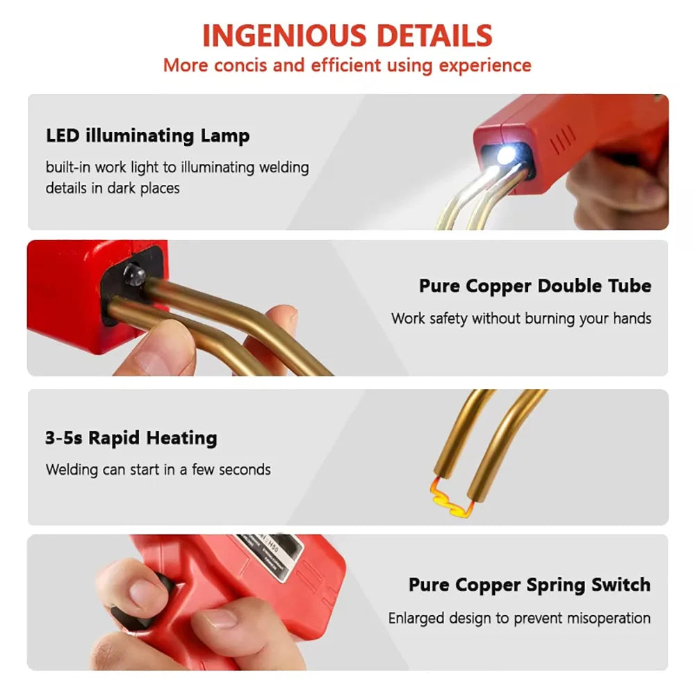 Close-up shots of a red plastic welder showing LED illumination, pure copper tubes, rapid heating, and a copper spring switch