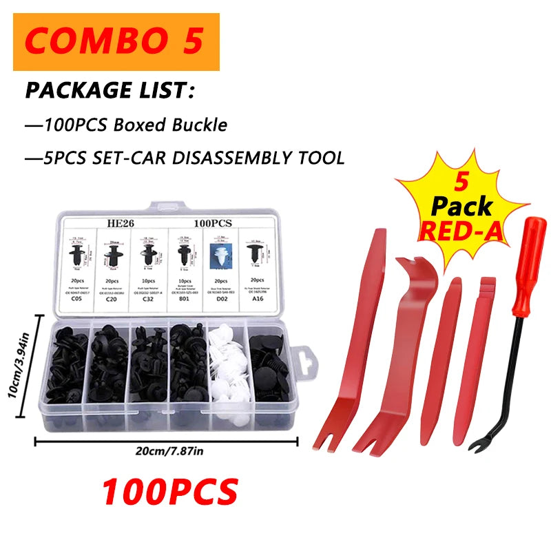 Combo 5 package list showing a set of 100 pieces boxed buckle and 5 pieces set car disassembly tool