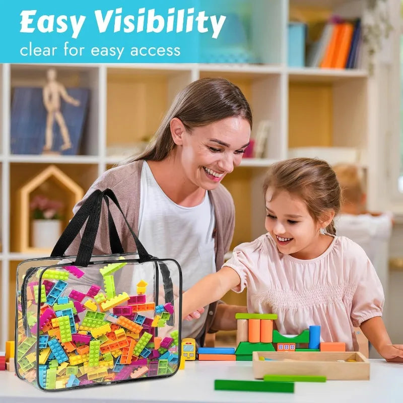 A woman is shown with a girl playing with colorful clear PVC storage pouches filled with small toys on a table.