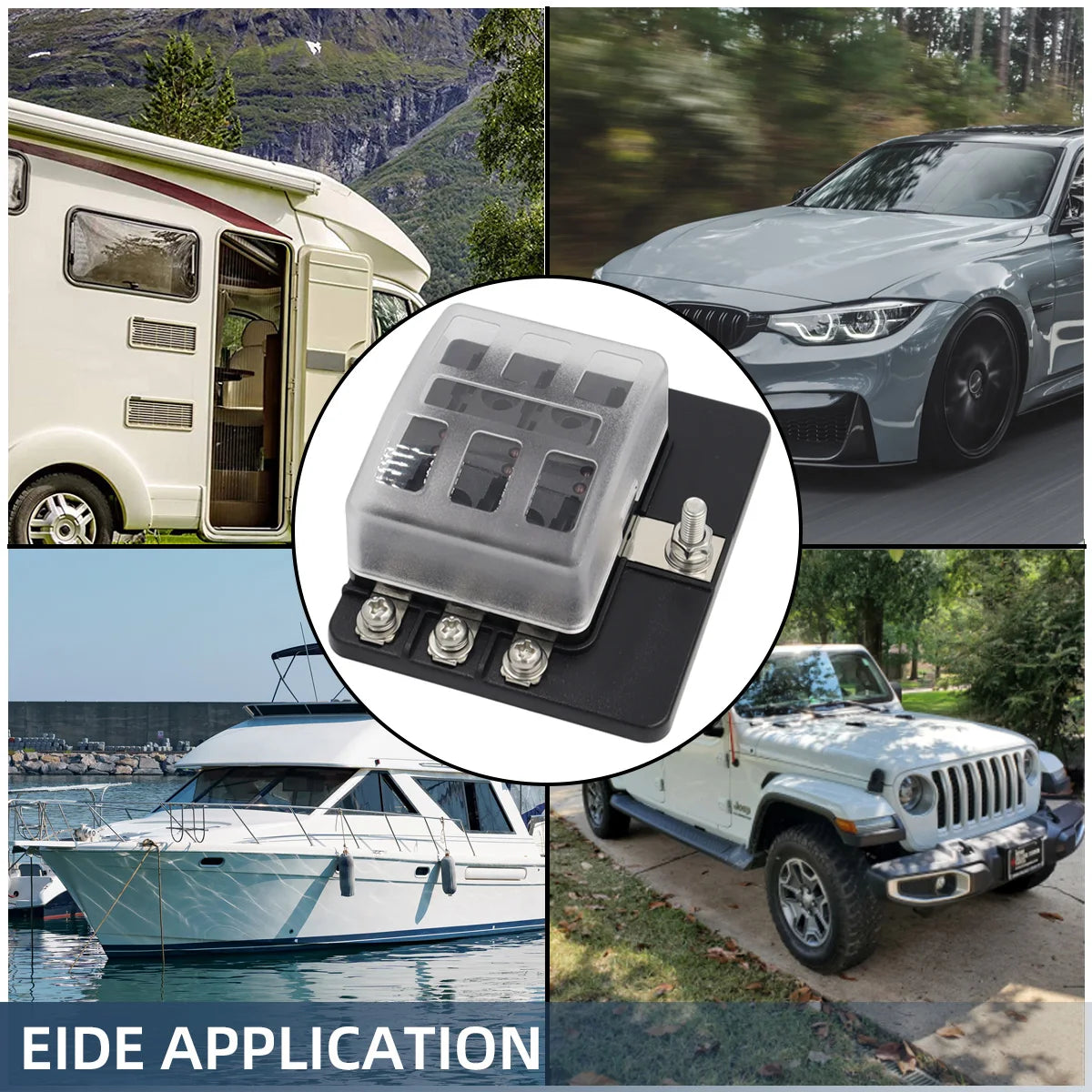 A collage showing a multi-way blade fuse box used in automotive and marine applications alongside a truck, a boat, and a recr