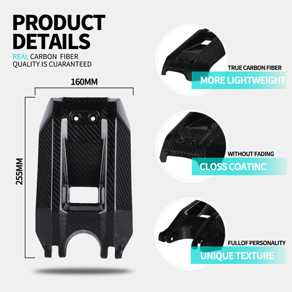 Black carbon fiber motorcycle battery compartment cover showing texture and design details
