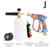 High-pressure foam water gun kit showing a white bottle, a black adapter, and a multi-colored foam gun with a brass base.